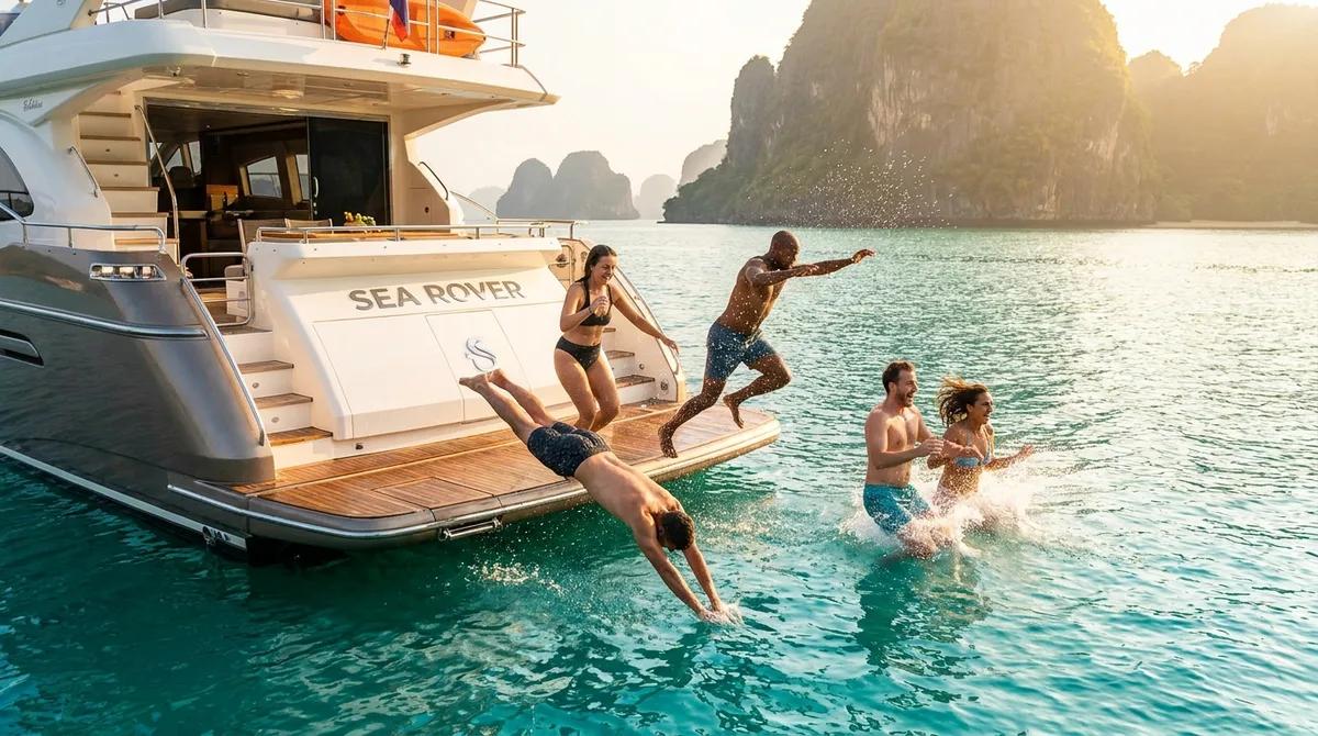 Illustrative guests swimming from a yacht