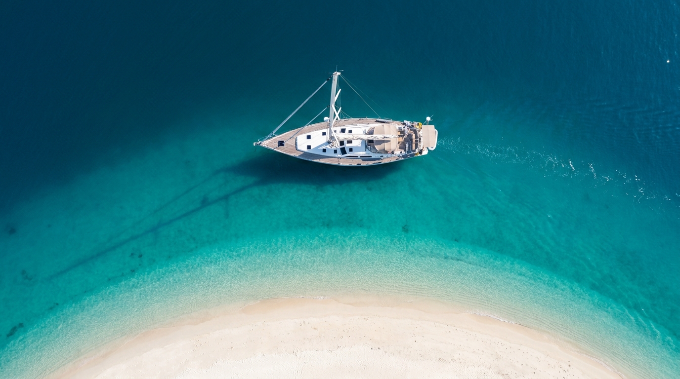 Illustrative yacht in a quiet bay